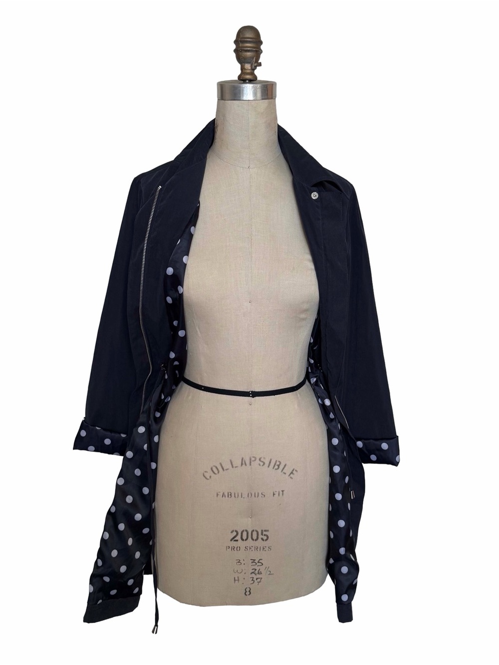 Blue Long Sleeve Trench Coat With Polka Dot lining